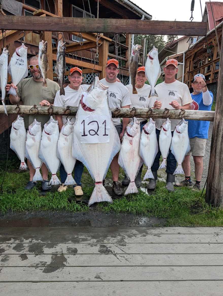 FishHogs group with a big day's catch including a 121-pound halibut