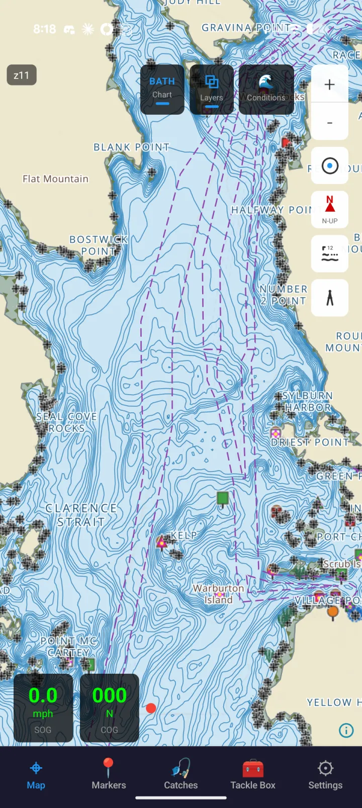 FishHogs bathymetry contour overlay over Clarence Strait showing underwater structure