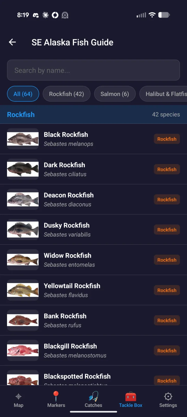 FishHogs SE Alaska Fish Guide listing rockfish species with photos and scientific names