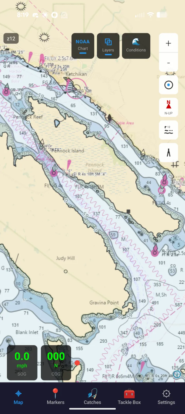 FishHogs showing an official NOAA nautical chart of Pennock Island near Ketchikan, Alaska