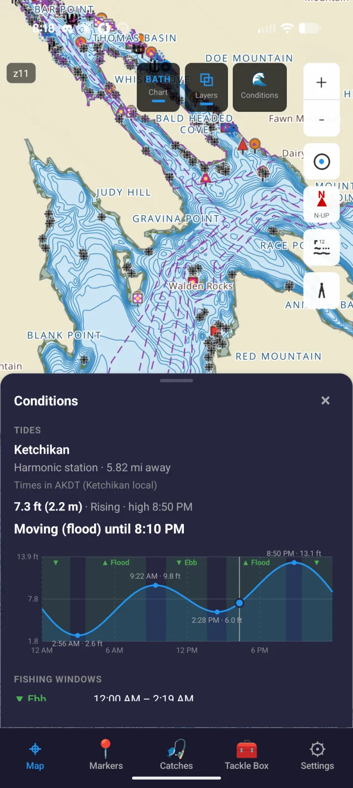 FishHogs Conditions panel showing the Ketchikan tide curve, flood and ebb states, and fishing windows